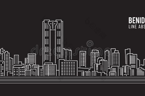 城市景观建筑线艺术矢量插图设计-贝尼多姆城市