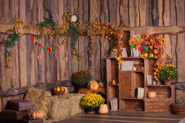 秋天的木制内部与南瓜，秋天的叶子和花。 万圣节感恩节装饰。