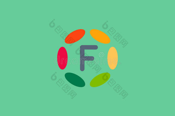 彩色字母f标志图标矢量设计。 轮毂框架标志型