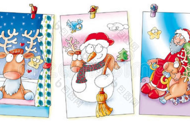 五张圣诞卡，上面挂着麋鹿、圣诞老人、雪橇和月亮