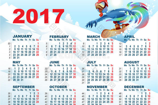 滑雪板上的蓝色公鸡。 带有符号2017的日历