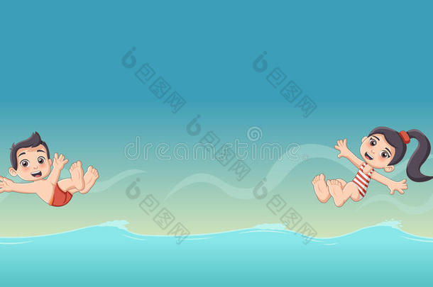 卡通儿童跳进游泳池。