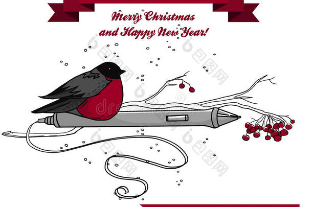 可爱的圣诞节与红色的鸟和笔的图形平板电脑
