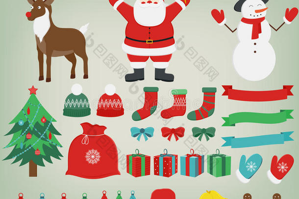 圣诞装饰元素与圣诞老人，驯鹿和雪人。 手拉着。 矢量