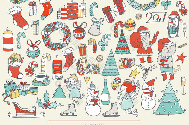 圣诞节一套手绘涂鸦，简单的图形风格。 矢量彩色插图与圣诞配件作为圣诞节