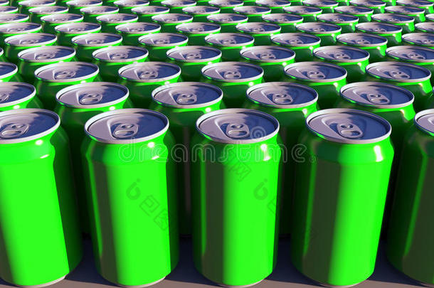 通用绿色铝罐。 软饮料或啤酒生产。 回收包装。 三维渲染