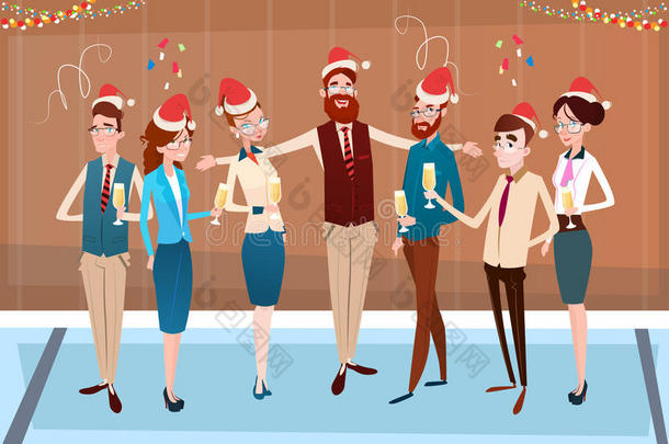 商人庆祝圣诞快乐和新年快乐办公室商人团队圣诞帽