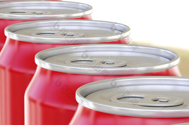 通用的红色铝罐在传送带上移动。 软饮料或啤酒生产线。 回收包装。 三维渲染
