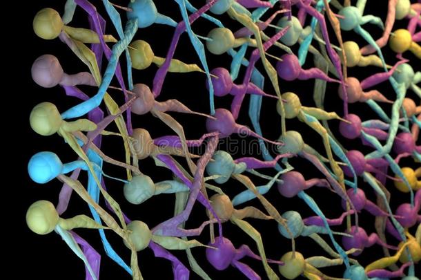 彩色神经元网络，神经元网络。 三维插图。