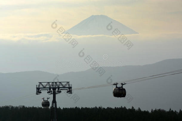 缆车上富士山日本，天空；富士山；背景