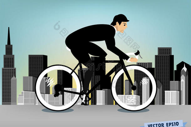 商人骑自行车在市中心的<strong>道路矢量</strong>