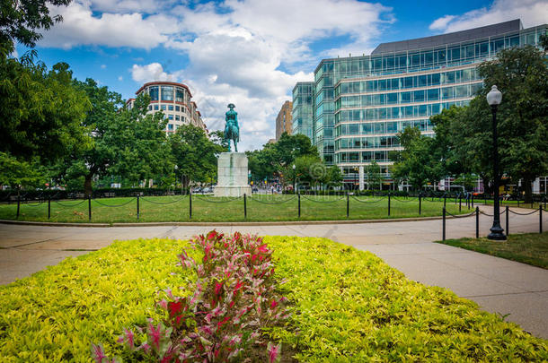 花园和雕像在华盛顿圈晚上，在华盛顿特区。