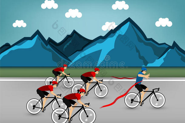 运动员自行车比赛在山上道路上的图形设计矢量