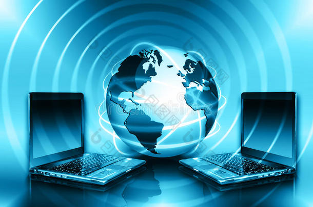 全球商业的最佳互联网概念。 地球仪，技术背景上的发光线。 无线网络，射线，符号