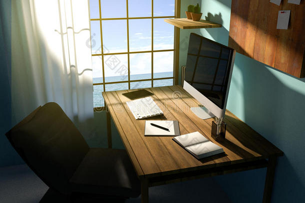 <strong>三维</strong>渲染：现代创意工作场所的插图。木制桌子上的PC监视器。透明窗帘和<strong>玻璃</strong>窗