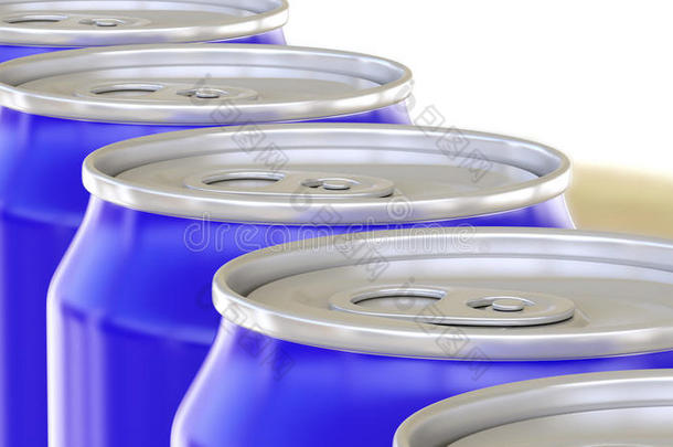 工厂输送<strong>机</strong>上的蓝色铝罐。 软饮料或啤酒工业生产线。 生态回收包装。 3D