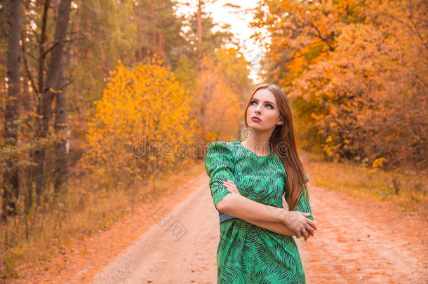 美丽的女孩模特在黄色的秋天树叶