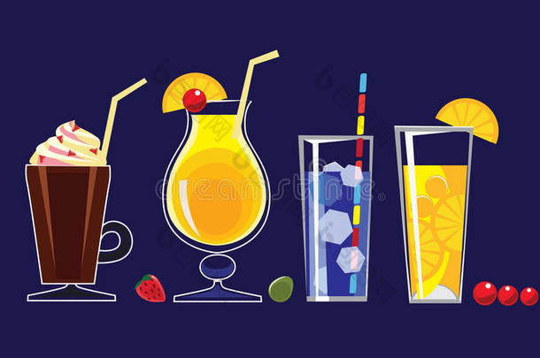 酒精饮料在杯鸡尾酒，果汁，在黑暗的背景。 饮料插图的矢量集