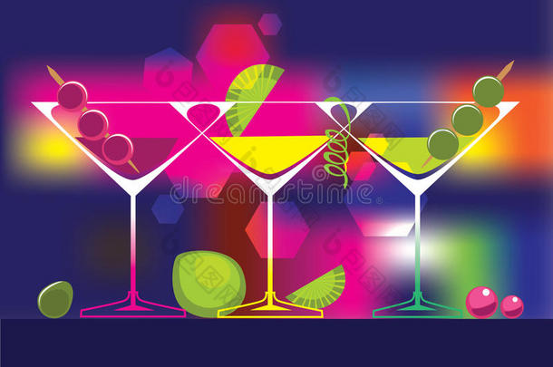彩色背景的酒精饮料鸡尾酒杯。 饮料插图的矢量集