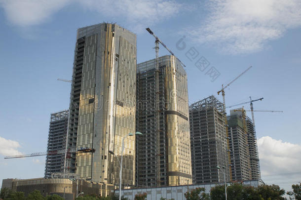 复杂高层建筑的施工阶段。 中国。义乌