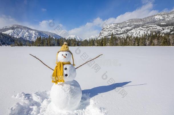 可爱有趣的雪人与针织帽和围巾在冬季景观雪景与山和蓝天