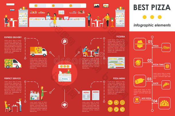 最好的比萨饼信息图<strong>元素</strong>。 平面概念网页矢量插图。 <strong>披萨</strong>店演示。