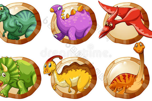 圆形按钮上不同类型的恐龙