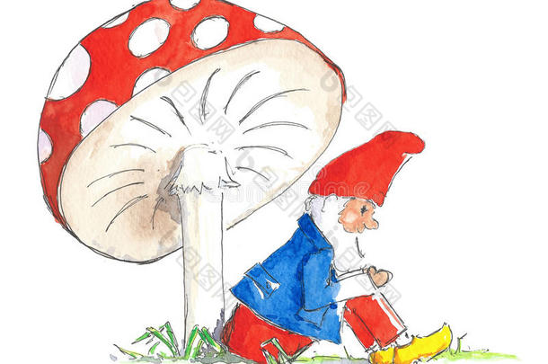 侏儒坐在蘑菇下面
