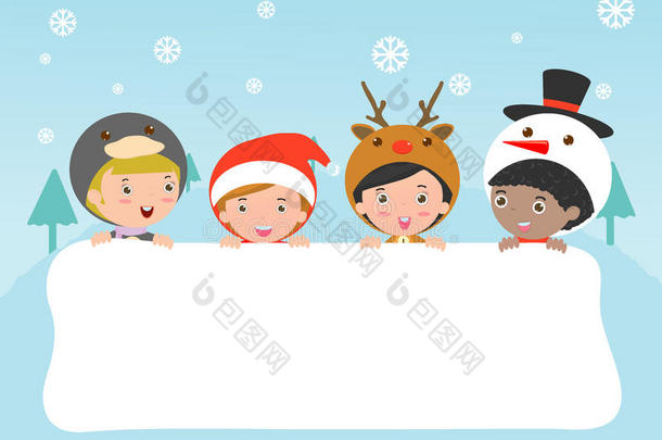 孩子们和圣诞和<strong>新年</strong>贺卡打招呼，孩子们在<strong>标语</strong>牌后面偷看，孩子们穿着圣诞服装庆祝