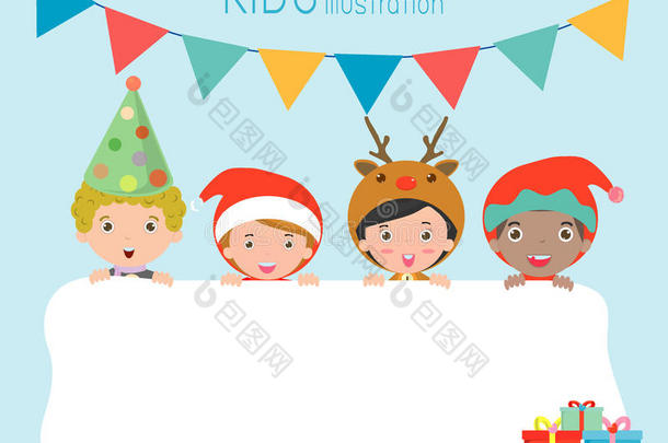 孩子们和圣诞和新年贺卡打招呼，孩子们在标语牌后面偷看，孩子们穿着圣诞服装庆祝