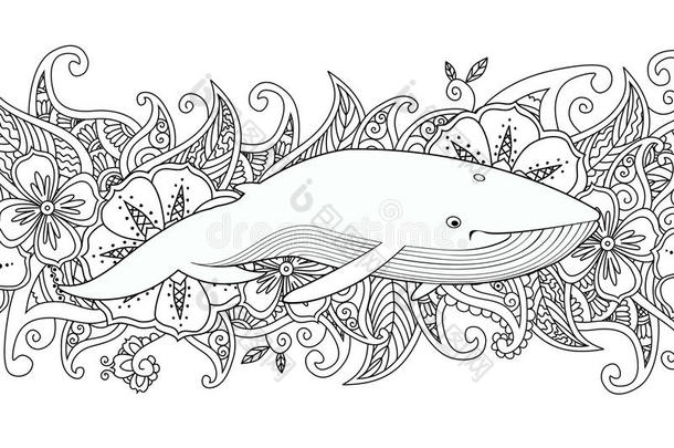 在花边背景上用鲸鱼在海里着色页面。