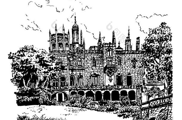 背景正面的宫殿在昆塔德雷加拉庄园，在辛特拉，葡萄牙，手绘插图