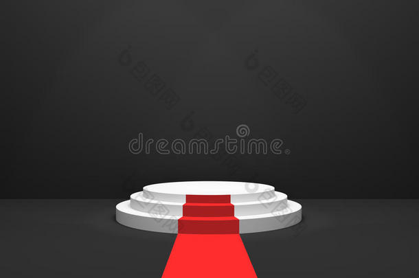 三维渲染：<strong>舞台</strong>插图与红地毯的<strong>颁奖典礼</strong>。 白色圆形讲台。 第一名。 三步空讲台