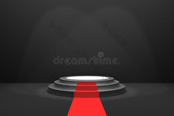 3d效果图：<strong>颁奖</strong>典礼红毯舞台示意图。黑色圆形讲台。第一名。三步空讲台