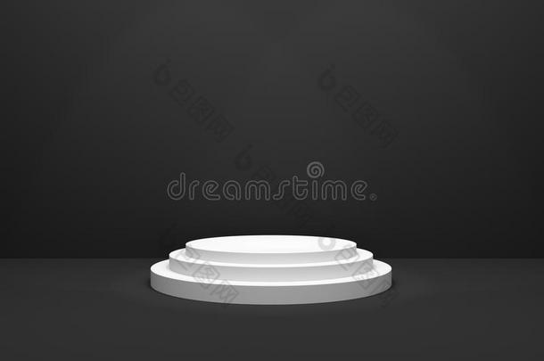 三维渲染：颁奖典礼舞台插图。 白色圆形讲台。 第一名。 黑色房间3步空讲台