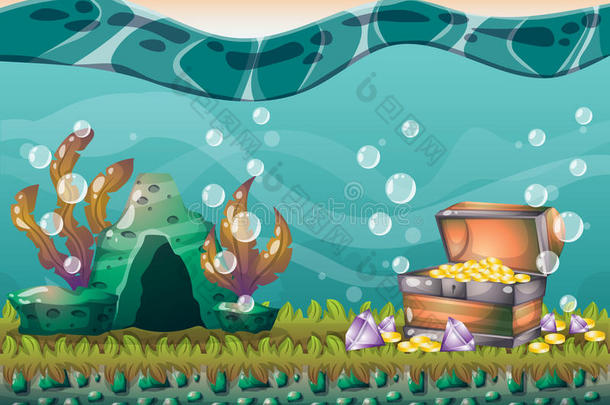 卡通矢量水下宝藏背景，分层游戏艺术和动画游戏
