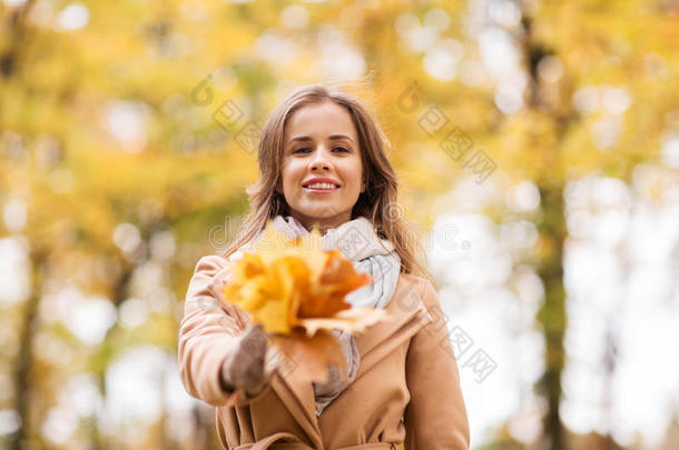 秋天公园里有枫叶的漂亮女人
