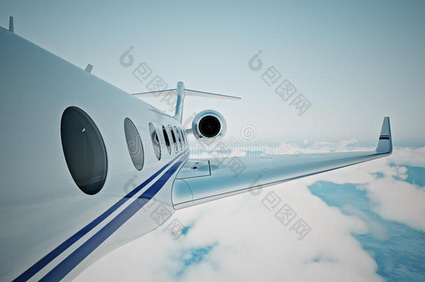 特写现实照片白色，豪华通用设计私人喷气式飞机飞越地球`表面。现代飞机和空蓝