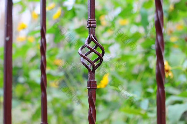 美丽的锻造栅栏。 装饰铸铁栅栏的形象。 金属栅栏。 美丽的篱笆与艺术锻造