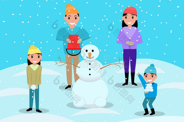 卡通快乐的家庭玩雪球雪人
