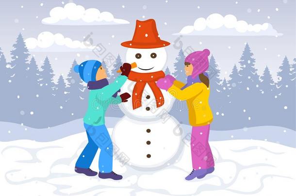 孩子们，女孩和<strong>男孩堆雪人</strong>。 冬季景观背景