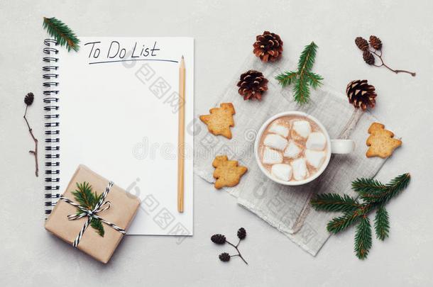 一杯热可可或巧克力与棉花糖，饼干和笔记本与圣诞节做清单在白色桌子上从上面。