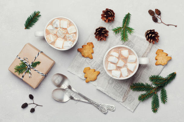 一杯热可可或巧克力，上面有棉花糖、饼干和圣诞礼物。 传统的冬季饮料。