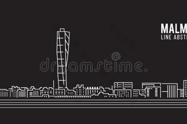 城市景观建筑线艺术矢量插图设计-马尔默城市