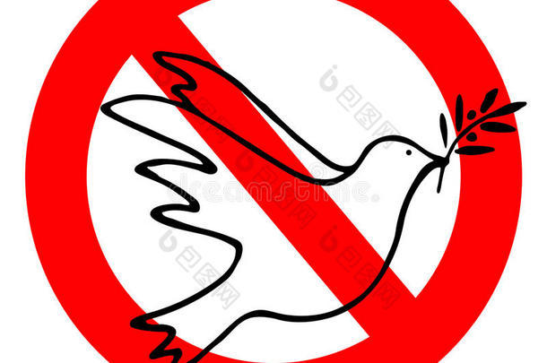 <strong>和平鸽</strong>，和平解决妥协象征在红色禁止标志。 停止符号。 在白色背景上签署不和平
