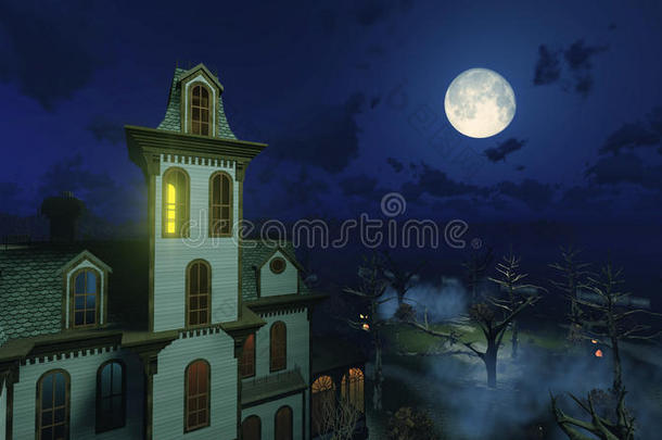 晚上可怕的豪宅上面的大月亮