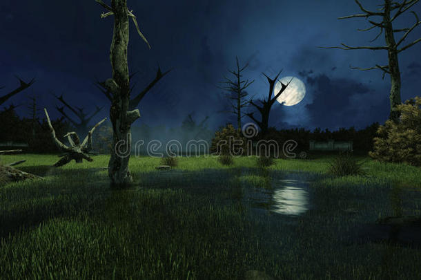 在漆黑的雾蒙蒙的夜晚，令人毛骨悚然的沼泽