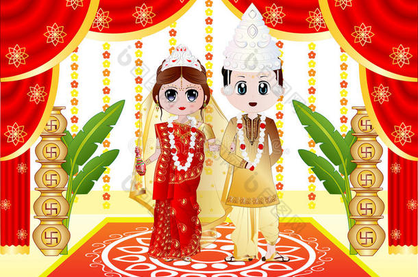 孟加拉语新娘多蒂穿着衣服的新郎