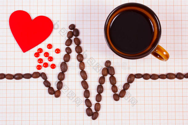 心电图线咖啡谷物，一杯咖啡和补充药丸，药物和保健概念