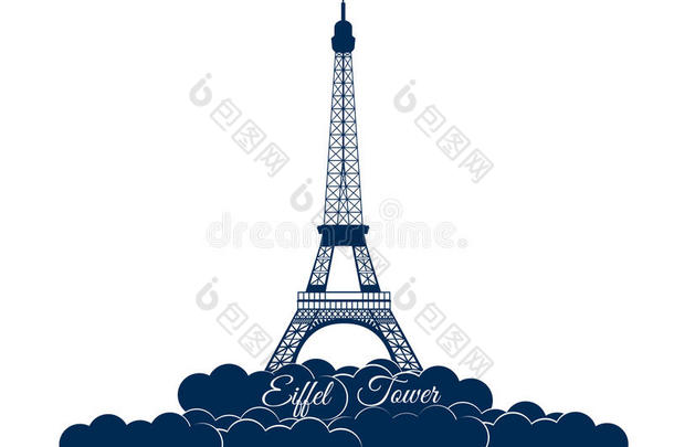 埃菲尔铁塔隔离在白色背景上。 埃菲尔铁塔在云层里。 巴黎和法国的风景。